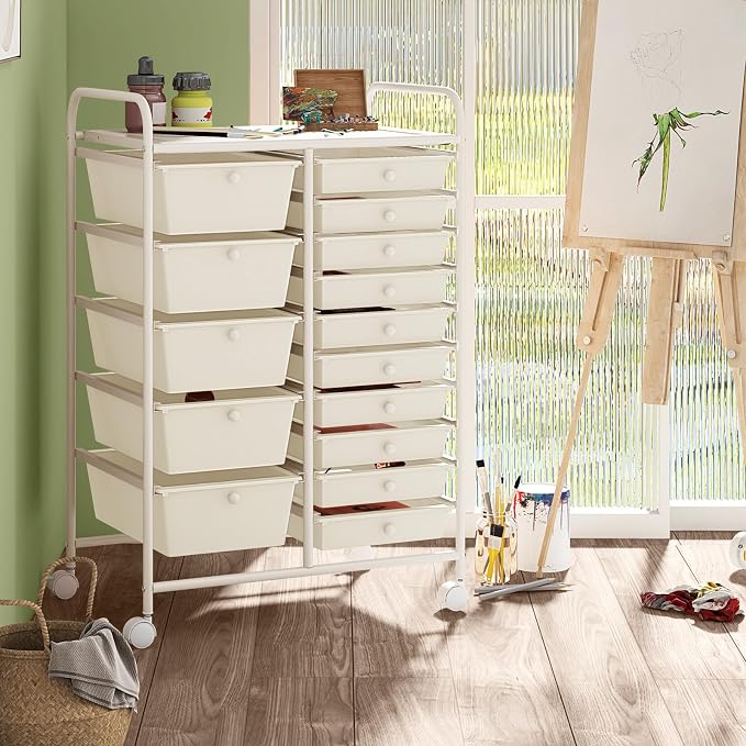 Moccha 15-Drawer Rolling Storage Cart - Under Desk Storage Drawers with wheels for Craft Art Supply Paper Salon, Scrapbook Paper Tools, Mobile Utility Cart for Classroom (15 Drawers, White) by LDAILY