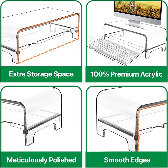 AMT 2 Tier 5.7 Inch High Acrylic Laptop Monitor Stand & Computer Riser with Cat Keyboard Protector, Space-Saving Design, Extra Storage, Clear Shelf - Ideal for Monitors, Laptops, Printers, Desktop - Image 6