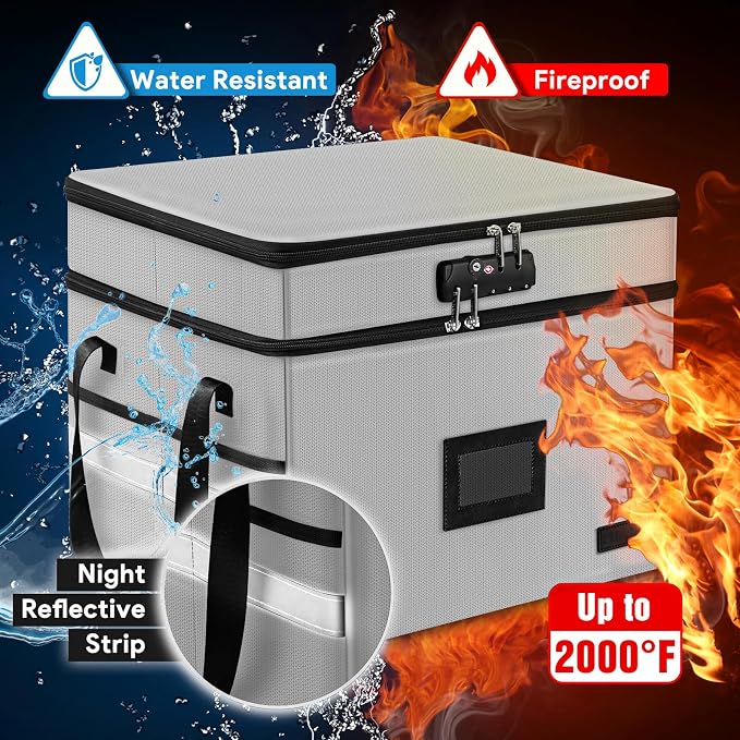Fireproof File Oganizer with Lock, 2 Layer Fireproof Document Box Storage | Portable File Cabinet Storage Box with 5 Tab Inserts & Handle for Hanging Letter, Legal Size Folder, Certificate - Image 3