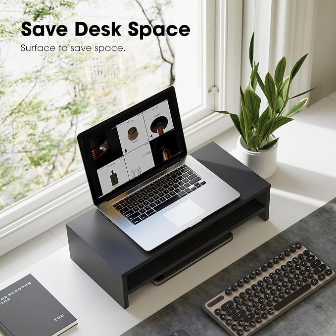 FITUEYES Wooden Monitor Stand Riser, 2-Tier Desk Storage Shelf, Black | 21.3-Inch Desktop Organizer Fits Laptop, Computer Screen and Office Supplies - Image 5