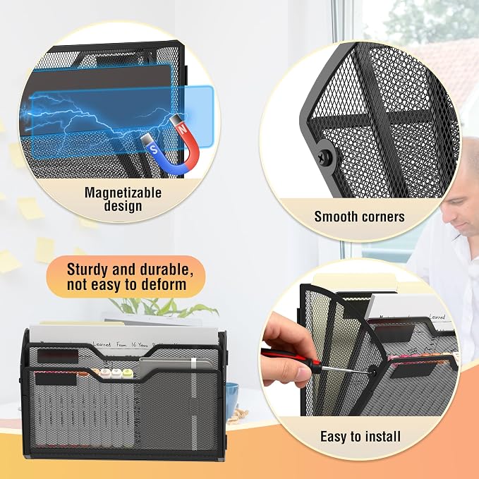 Docnest 3 Pack 3 Tier Dual-Mount Magnetic Mesh File Holders, Wall Organizer | Mount magnets or screws. 2-in-1 hanging mesh mail letter organizer with hooks for office and home clutter - Image 3