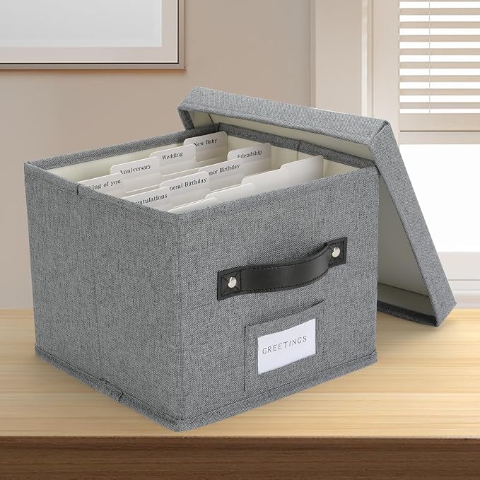 Greeting Card Organizer with dividers - Storage Box with lid Holds 150+ Cards - Assortment Box for Greeting Cards,Recipes, Photos, Envelopes, Keepsake - 9 x 9 x 7 Inches (Gray, 1 pcs) - Image 5