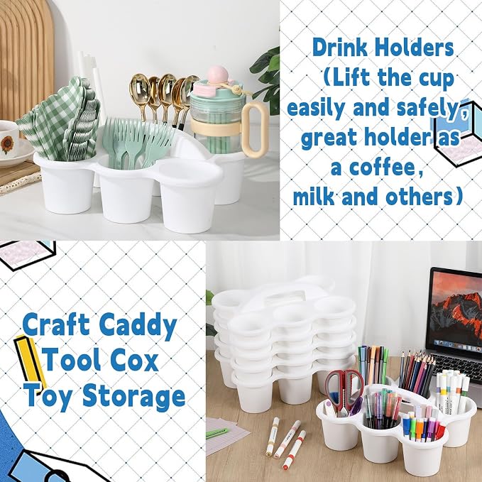 6 Pack Classroom Caddy with Handle Plastic Storage Caddy Organizer with 6 Compartments Drink Cup Caddies Holder Portable Storage Bin for Pencil, Crayon, Marker, Home, Office, School Supplies(White) - Image 5