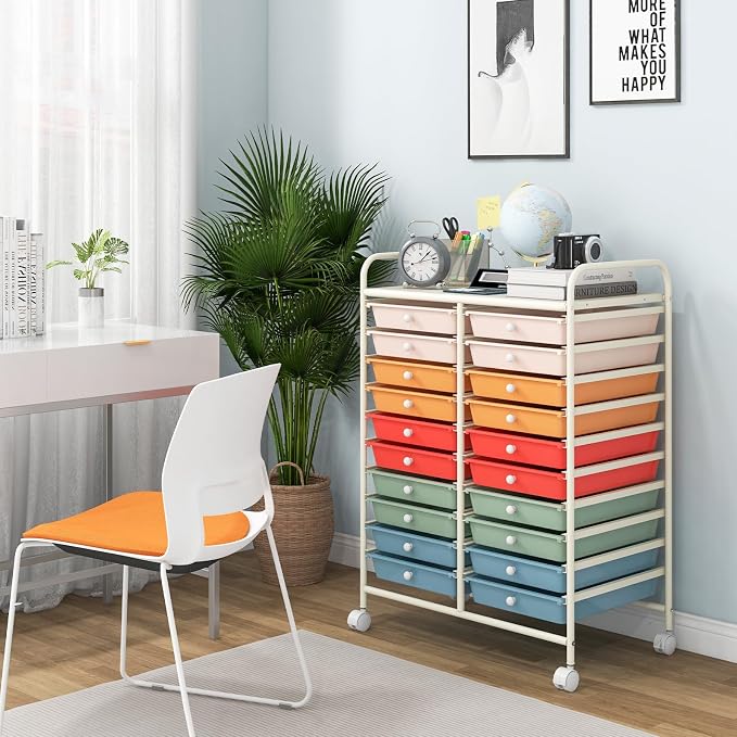 Giantex 20 Drawers Rolling Cart, Mobile Storage Drawer Cart, Classroom Organizer Cart for Office School Supplies Teacher Tools Scrapbook Paper Craft Small Printer, Utility Cart on Wheels, Macaron - Image 5