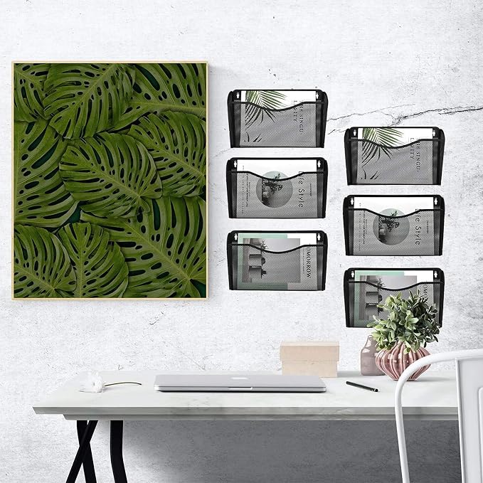 6 Single Pocket Mesh Hanging File Organizer, Vertical Wall Mounted Magazine File Holder, Mount Basket Mail Paper Document Folder Organizing for Office, Home and School, Black - Image 6