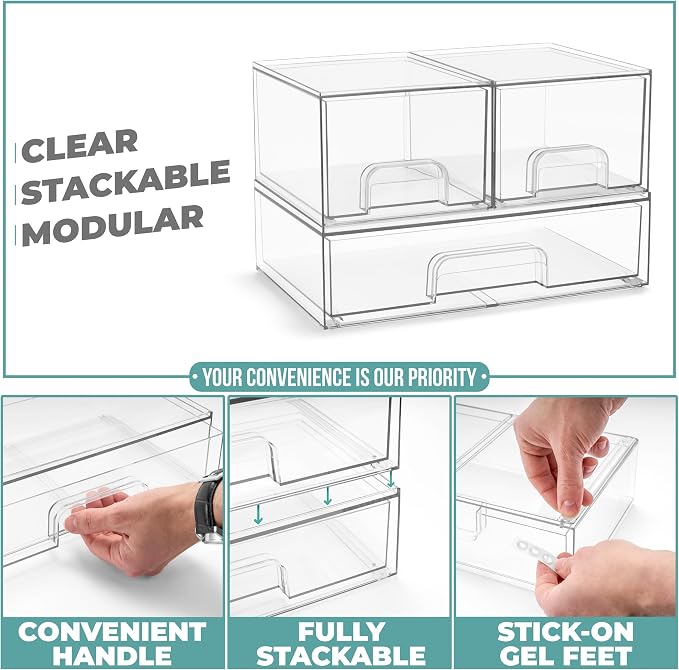 Sorbus Acrylic Storage Containers - 3 Pack, Stackable Storage Bins Set for Bathroom Organization - Clear Acrylic Drawer Organizers - Makeup Case Pull-Out Drawers (4.4’’ Tall and 12.1’’ Wide) - Image 5