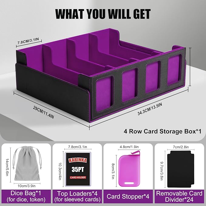 Trading Card Storage Box with Commander Display , 4-Row Deck Case with Removable Lid; 2400+ Card Deck Box for MTG TCG Sports Card, 4 Top Loaders, 4 Stoppers, 24 Dividers,1 Dice Bag (Black Purple) - Image 3