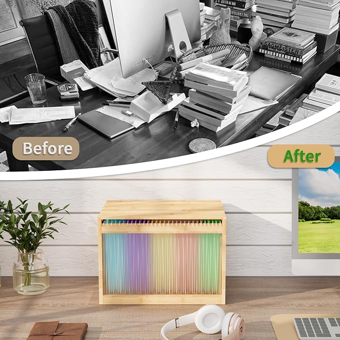 Bamboo Hanging File Organizer, Desk File Box with Lids, 1 Pack, Natural | Removable Lid, Clear Acrylic Side Panels, 2 Hanging Folders Included, Helps Reduce Dust, Letter & Legal Size, Easy Assembly - Image 3