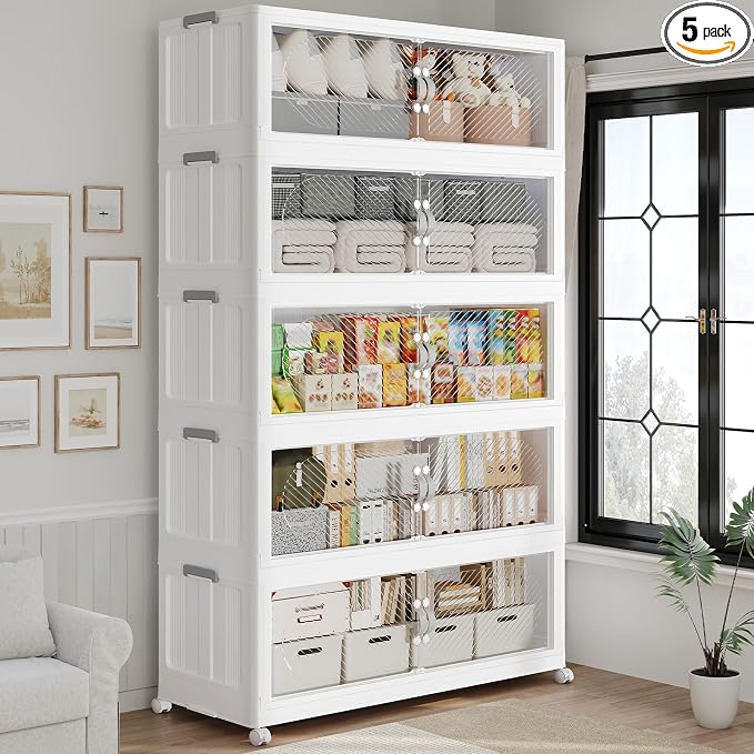 300QT Extra Large Stackable Storage Bins with Lid, 75Gal Plastic Closet Organizers and Storage Drawer, Collapsible Cabinet Box with Wheels Clear Doors for Home Kitchen Garage, 5Pack White by QAVABIN