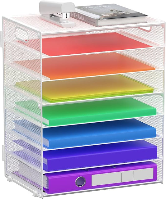 8 Tier Paper Letter Tray Organizer with Handles for Desk (White) | Mesh Desk File Holder Storage Organization for Home School Classroom & Office by GoldOrcle
