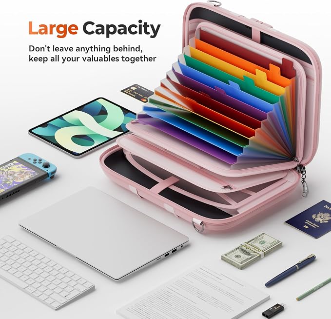 Nacial Fireproof Document Box with Lock & Shoulder Strap, Hard-Shell Fireproof File Organizer with 13 Pocket Accordion File Folder, Portable Safe Storage for Important Documents, Laptop, Pink - Image 3