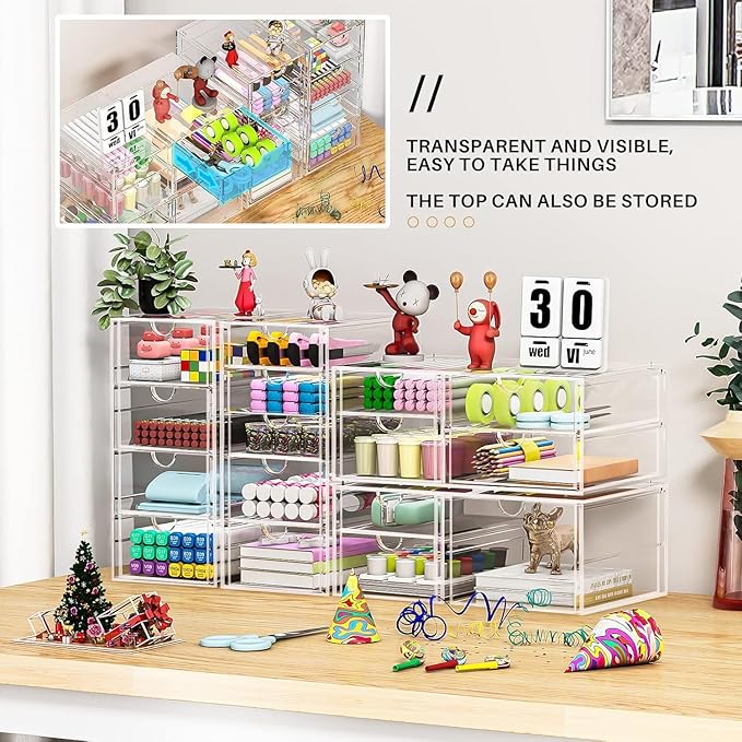 4-Pack Acrylic 16-Drawer Storage & Makeup Organizer for Desk | Smooth-glide drawers, clear acrylic, stackable, dustproof, wipe clean, for office supplies, pens, jewelry, makeup - Image 6