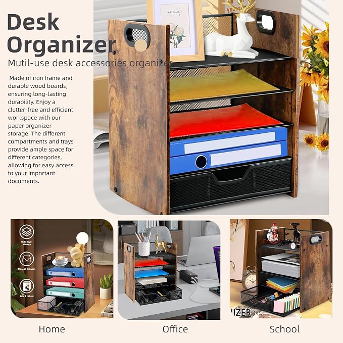 Desk Organizer, 5-Tier Desktop File Organizer with Drawer, Wooden Paper Tray Organizer, Office Desk Organzier and Accessories for Papers, Mail, Notebooks, Stationery - Image 4