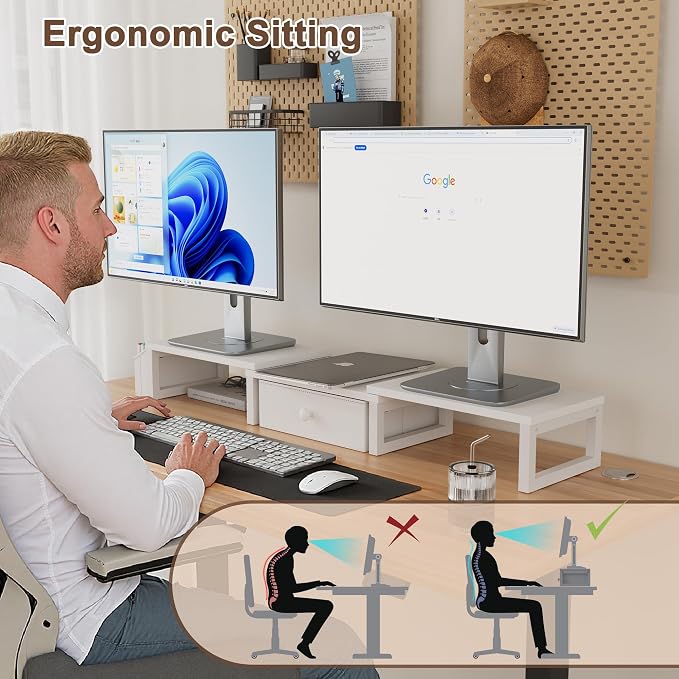 LAND·VOI Heavy Duty Dual Monitor Stand, Holds 2 Screens Up to 27 Inches, Adjustable Length and Angle Monitor Riser, Desk Organizer with Side Pockets and Drawers, Home Office Desk Storage, White - Image 6