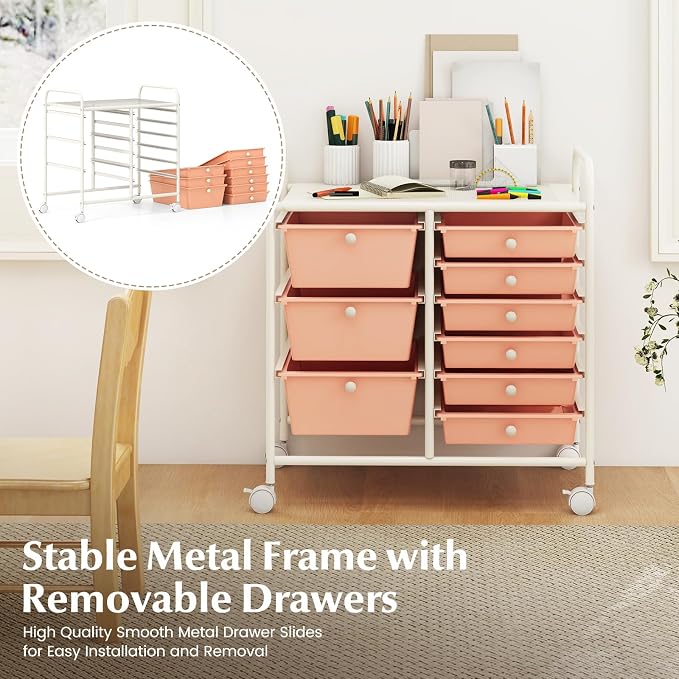 Moccha 9-Drawer Rolling Storage Cart - Under Desk Storage Drawers with wheels for Craft Art Supply Paper Salon, Scrapbook Paper Tools, Mobile Utility Cart for Classroom, Peach - Image 5