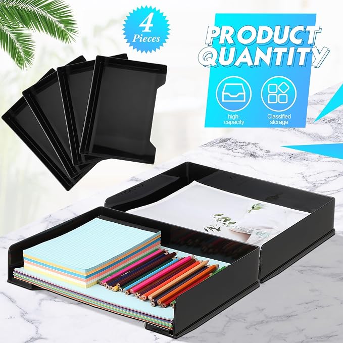 DoubleFill 4 Pcs Stackable Letter Tray Rectangular Plastic Desk Organizer 13 x 9.5 x 2.6 in Paper Holder File Tray Accessories Rack for Desktop Office Desk Drawers (Black) - Image 3