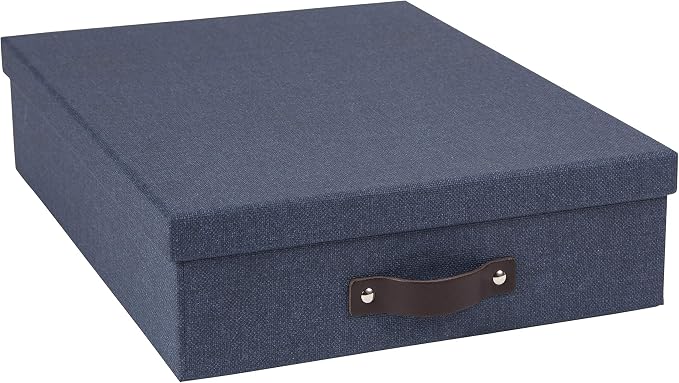 Bigso Oskar Canvas Fiberboard Document Letter Box - File Organizer Box for Important Paperwork - Document Storage with a Lid & Leather Handle - 3.3 in x 10.2 in x 13.8 in - Blue by Bigso