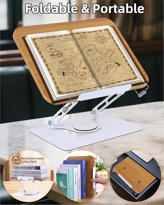 ASIEIT Book Stand for Reading, Adjustable Book Holder with 360° Rotating Base & Elastic Page Clips, Foldable Cookbook Stand, Portable Display Stand for Bible, Recipe, Magazine, Tablet, Laptop, Natural - Image 6