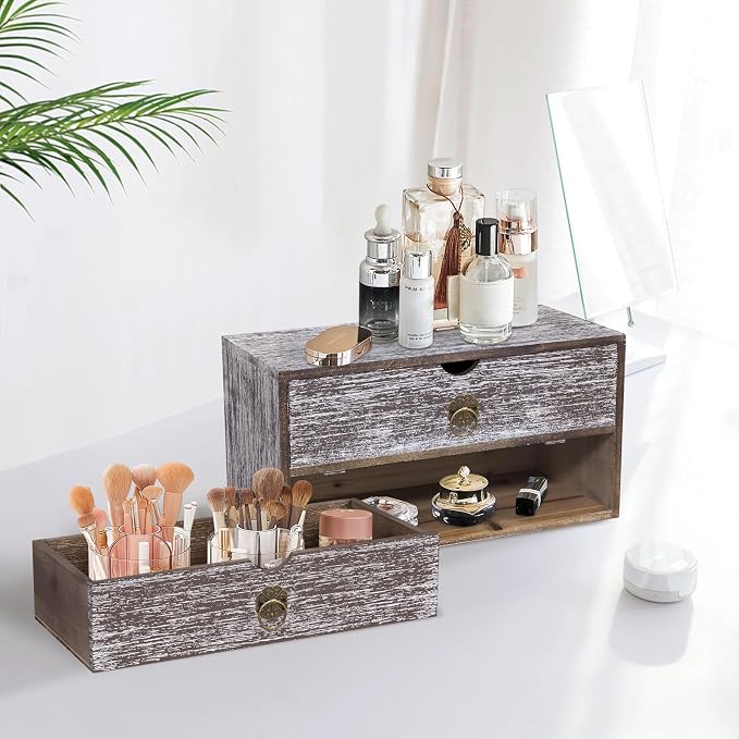 Wood Desk Organizer, Washed Brown Wooden Desktop Organizer with Drawer, Tabletop Storage Organization Box for Countertop, Home Office Supplies, Bills, 13.3 x 6.5 x 7 Inches(2 Drawer) - Image 8