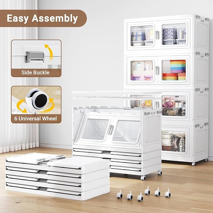 BROVIEW 1200 Qt/300 Gal Stackable Storage Bins with Lids, 4 Pack, White | Large Stackable Storage Boxes w/ 1 Lid Folding Plastic Cart Organizer for Home Kitchen, Open Front Clear Door with Wheels - Image 7