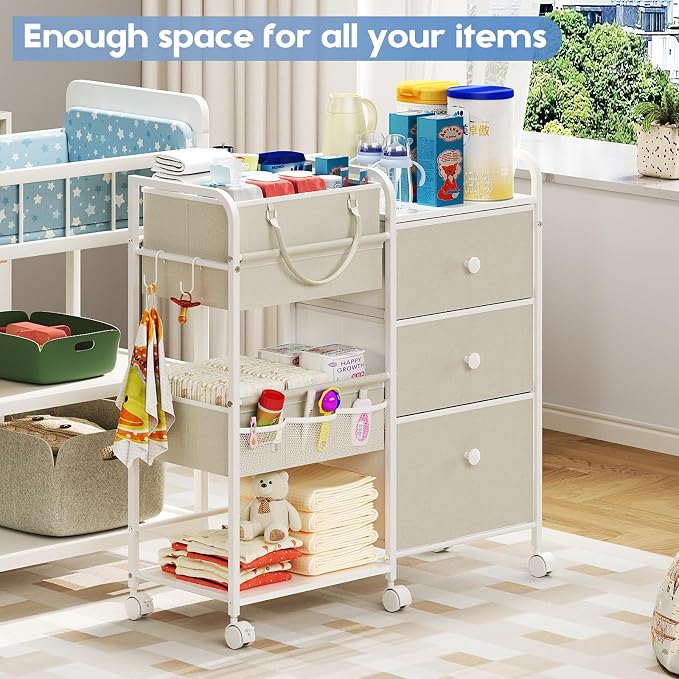 Cidaziya 2In1 Baby Diaper Caddy Organizers and Storage, 3 Tier Rolling Cart with Dividers and Drawers, Mobile Utility Cart Baby Dresser Clothes Organizer for Changing Table, Crib Nursery, Bedroom - Image 8