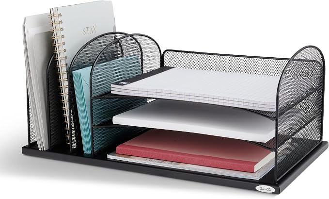 Safco Onyx Desk Organizer, 3 Vertical Compartments and 3 Trays, Office and Classroom Mailbox , Paper and Mail Sorter, Steel Mesh, Black - Image 6