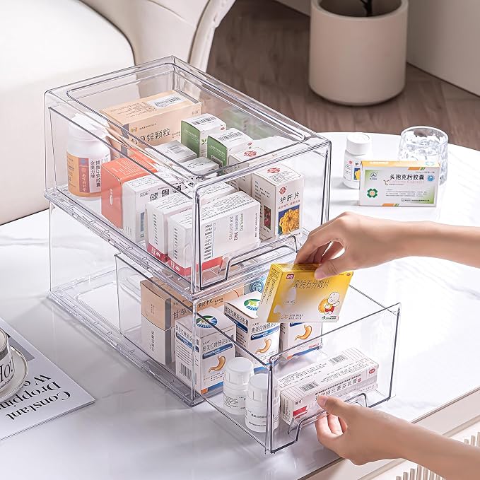 2 Pack Stackable Organizer Drawers, Clear Desk Storage Box,Transparent Drawer in Home, Office and Kitchen Pull Out Organizer Bins for Make Up, Pen, Desktop Stationary (2Extra Large) - Image 5
