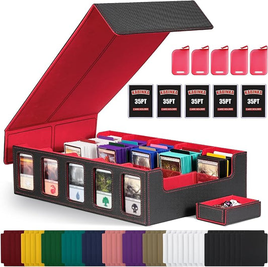 Trading Card Storage Box with Commander Display , 5-Row Deck Case with Removable Lid; 3900+ Card Deck Box for MTG TCG Sports Card, 5 Top Loaders, 5 Stoppers, 48 Dividers,1 Dice Tray (Black Red) by Kabinka