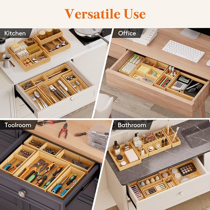 Lifewit Drawer Organizer 15 Pack(33 Grid) with 18 Inserts | Adjustable Bamboo Wooden Trays for Utensils, Silverware, Makeup, Kitchen, Bathroom, Office, Vanity Storage - Image 6