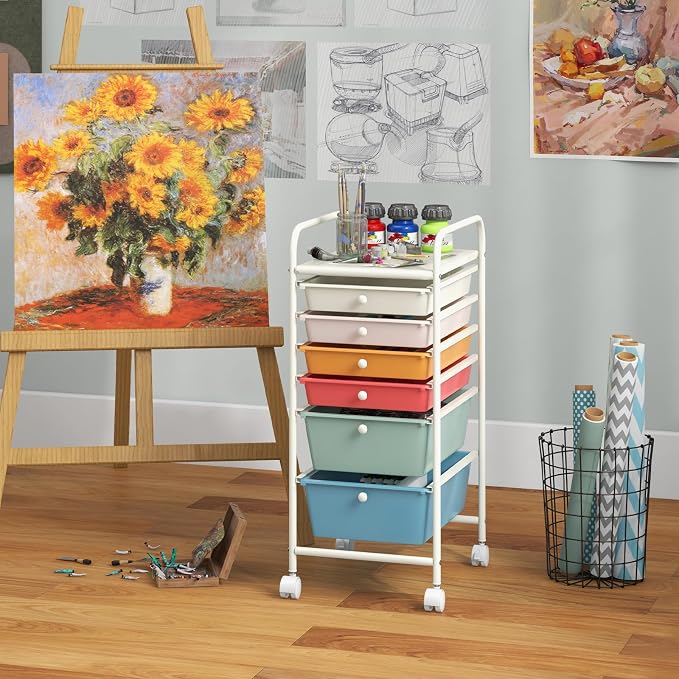 COSTWAY 6-Drawer Rolling Storage Cart, Art Craft Tools Organizer on Wheels | Multifunctional Heavy Duty Utility Mobile Storage Trolley w/ 2 Lockable Wheels for Home Office School (Macaron) - Image 6