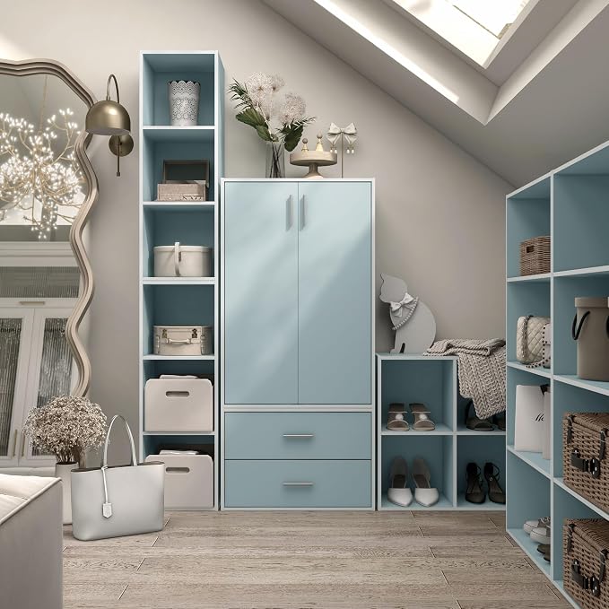 Homes: Inside + Out Apexa 3-Tier Stackable Wood Bookcase with Doors, Cube Storage Organizer Shelves, Small Food Pantry Cabinet, Dorm Teen Room Decor & Bedroom, Home Office, Kitchen, Light Blue - Image 2
