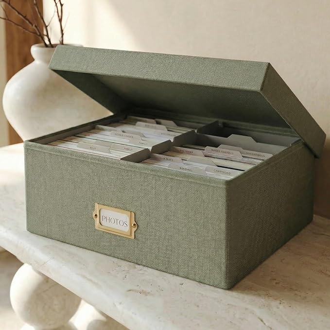 ZICOTO Decorative Photo Storage Box - Sturdy Linen Photo Organizer with Dividers is Perfect to Store Up to 1700 Pictures and 4x6 Photos - Portable Scrapbook Storage Containers with Lid by ZICOTO