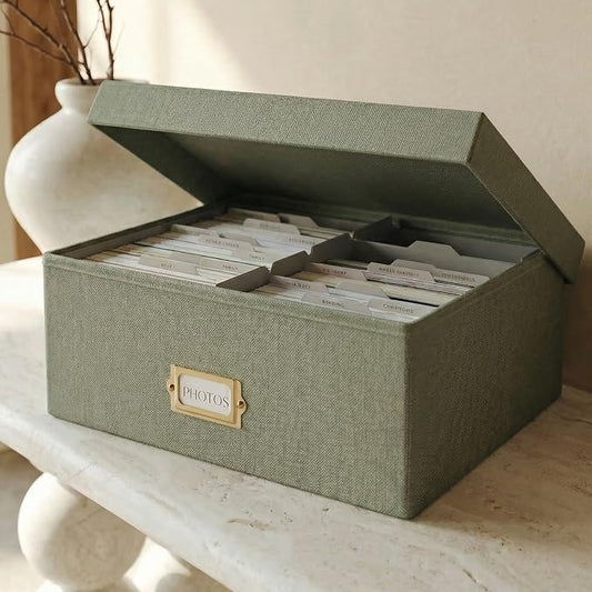ZICOTO Decorative Photo Storage Box - Sturdy Linen Photo Organizer with Dividers is Perfect to Store Up to 1700 Pictures and 4x6 Photos - Portable Scrapbook Storage Containers with Lid by ZICOTO