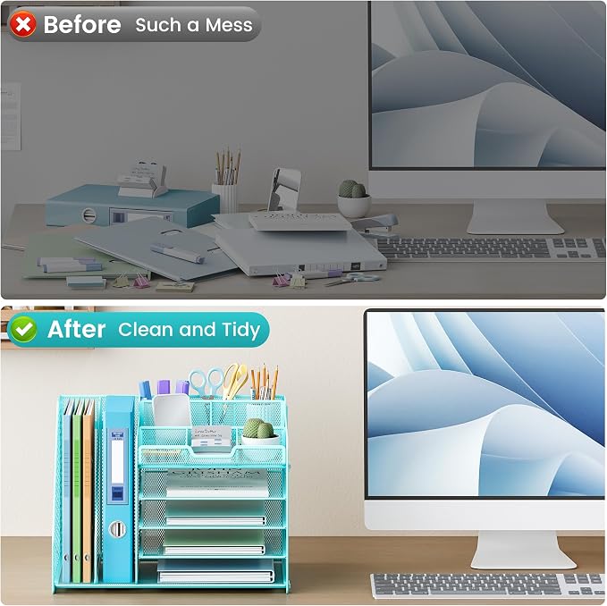 Lavatino 5-Tier Desk Organizer with 2 File Holders, Metal Adjustable Paper Letter Tray for Office or Home Desk Organizers and Accessories | 7 Flexible Dividers Keep Workspace Supplies Neat, Blue - Image 3