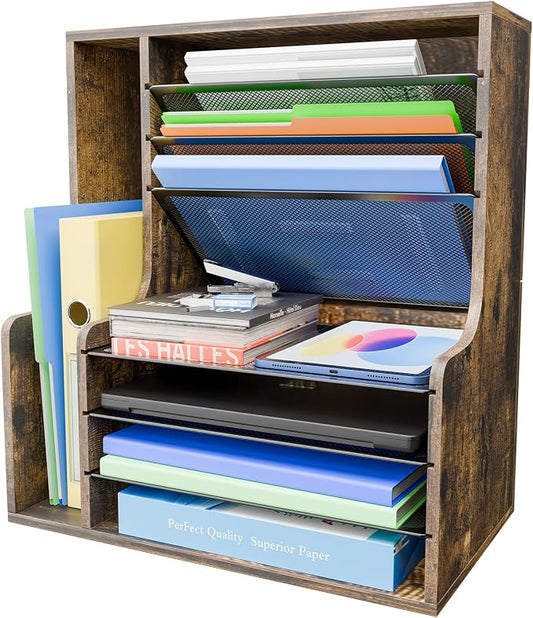 Simple Trending 7- Tier Desk File Organizer, Paper Organizer, Rustic Brown | Adjustable Letter Trays, Wooden Desk Accessories with Side File Holder, for Office Home Classroom, 16"L x 9"W x 17"H by SimpleTrending