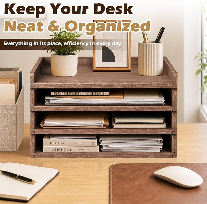 4 Pack Stackable Paper Tray, Wooden Paper Tray Organizer with Letter Tray, Paper Holder for Desk, Desktop File Storage Rack for Study, Home and Office (Walnut) - Image 2