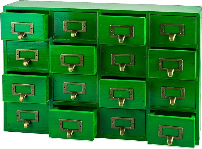 Emerald Green Wood 16-Drawer Apothecary Small Cabinet - 20"x3.6”x14” Card Catalog Style Table Top Organizer - Wooden Storage Box w/16 Drawers - 4-Level Countertop Organizer w/Label Holders & Handles by PrimoSupply