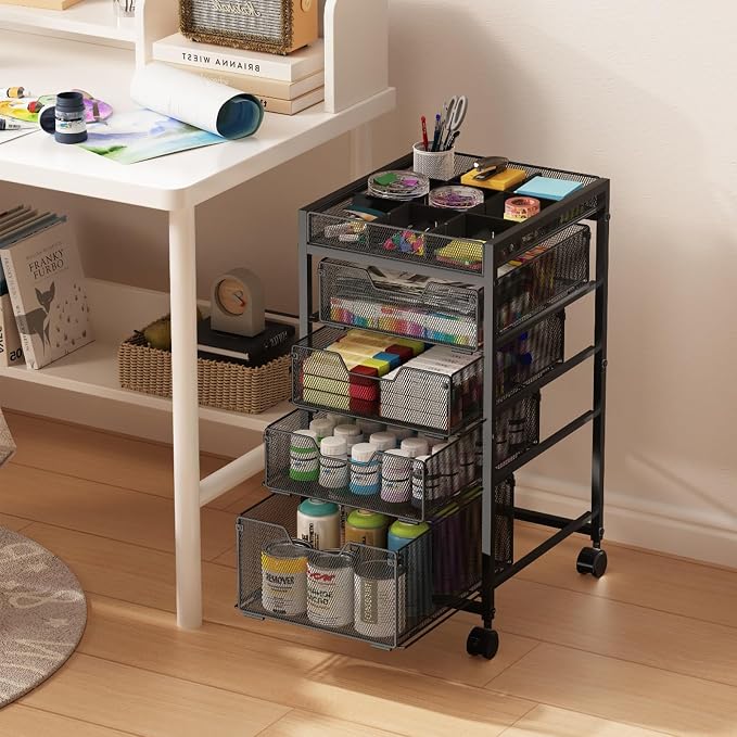 Rolling Utility Cart with 4 Drawers, Craft Organizer and Storage Carts with DIY Divider, Lockable Wheels Storage Organizer for Art Supplies, Store for Brushes & Paints & Small Parts(Patent Pending) - Image 2