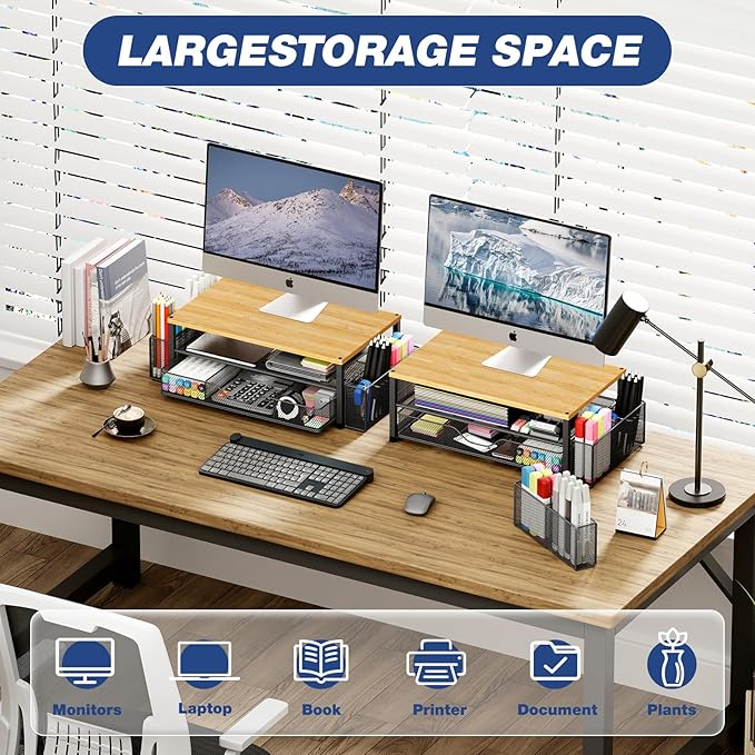Desk Organizers and Accessories, Computer Monitor Stand Riser with Drawer and 2 Pen Holders, Printer & Laptop Stand, Office Desk Accessories & Workspace Organizers for Home Office Supplies, Oak - Image 4