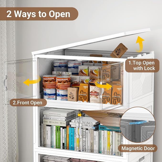 BROVIEW 300QT Large Stackable Storage Bins with Clear Doors, V20 3Pack | 75Gal Plastic Closet Organizer Cabinet with Lid and Wheels, Collapsible Latch Box Folding Drawer for Home, White - Image 3