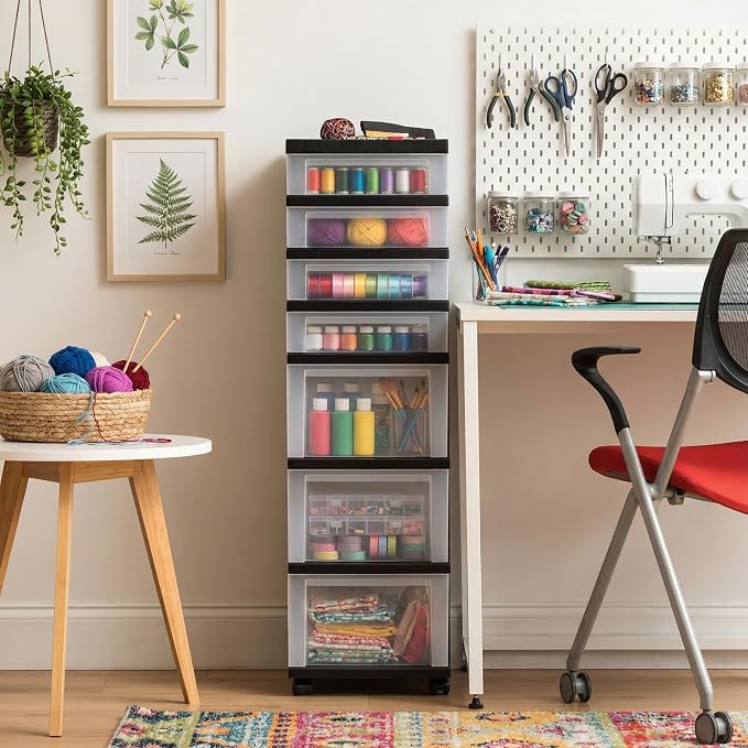 IRIS USA 7-Drawer Rolling Storage Cart, Black/Clear | Keep craft supplies, office essentials, classroom items, and accessories organized with easy-access drawers for daily use - Image 2