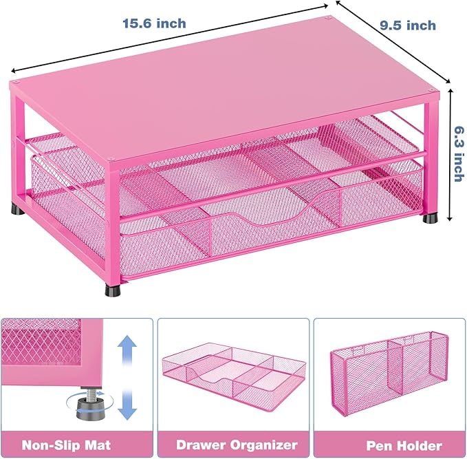 Desk Organizers and Accessories, Computer Monitor Stand Riser with Drawer and 2 Pen Holders, Printer & Laptop Stand, Office Desk Accessories & Workspace Organizers for Home Office Supplies, Carmine Rose - Image 2