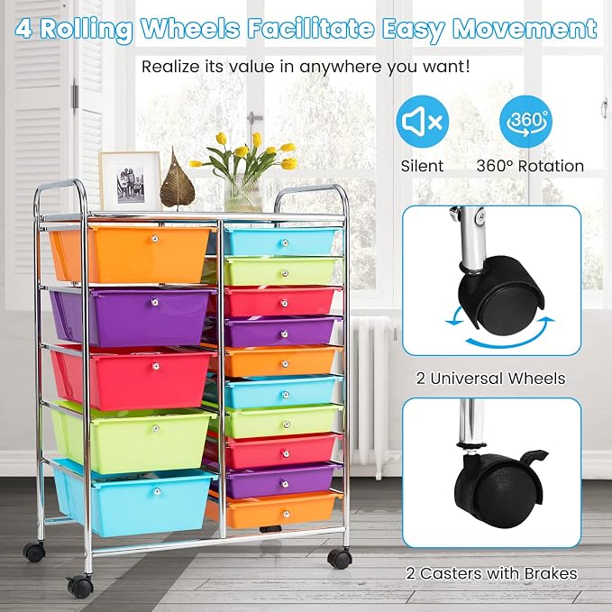 COSTWAY 15 Drawer Rolling Storage Cart, Mobile Storage Organizer | Removable Drawers & Metal Frame, Multipurpose Utility Tools Paper Organizer on Wheels for Home, Office (Multi-color) - Image 6