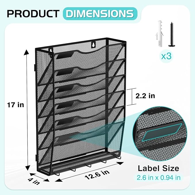 Gawerk 7-Tier Wall File Organizer Hanging Wall File Holder Wall Mount Paper Folder Organize, Mesh Magazine Document Mail Organizer for Office School Home, Black - Image 2