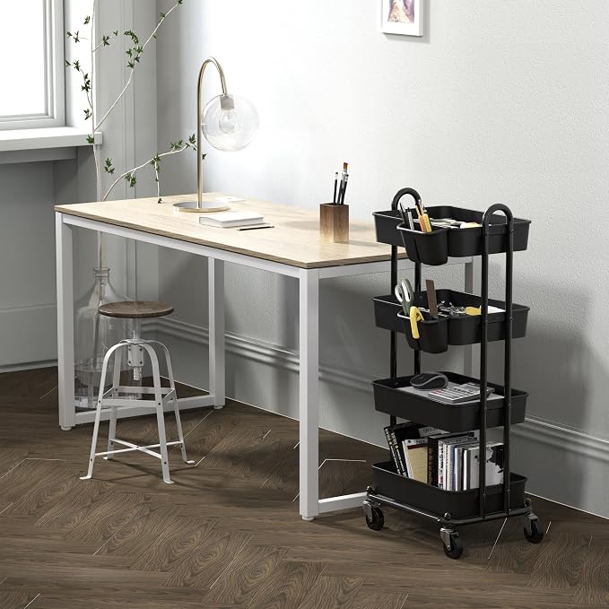 Simple Houseware 4-Tier Rolling Utility Cart with Hanging Bucket, Black | Storage for Bathroom, Kitchen, Office, Study Room, Nursery Diaper - Image 4
