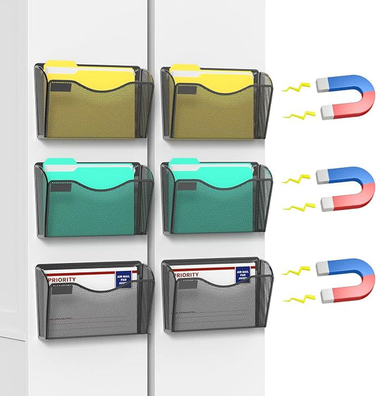 samstar 6 Pack Magnetic File Holder, Mesh Wall File Organizer File Pocket Mail Organizer Paper Folder Holder for Office/Home, No Drilling(Magnetic) by Samstar