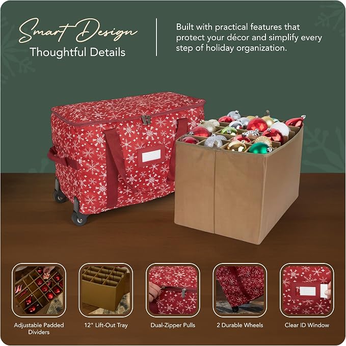 Covermates Keepsakes Rolling Adjustable Ornament Storage Bag – Heavy-Duty Polyester, FlexGrid Trays & Padded Dividers – Protective Holiday Organizer with Wheels, Handles & ID Window, Red Snowflake - Image 4
