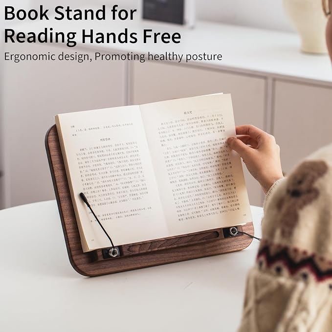 Portable Book Stand for Reading, Adjustable Wooden Laptop Stand. Foldable Desktop Stand for Cookbook, Fits All Books (Walnut, Chinoiserie Simple) - Image 5