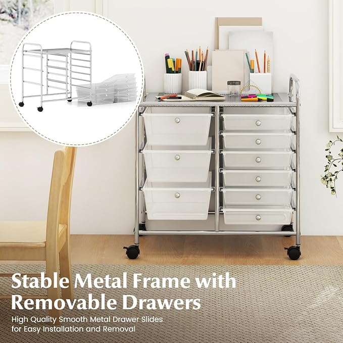 COSTWAY Rolling Storage Cart with 9 Drawer, Utility Cart with Metal Frame | Mobile Art Supply Craft Organizer, Multipurpose Storage Organizer for Paper, Office, School Teacher, Classroom, Transparent - Image 6