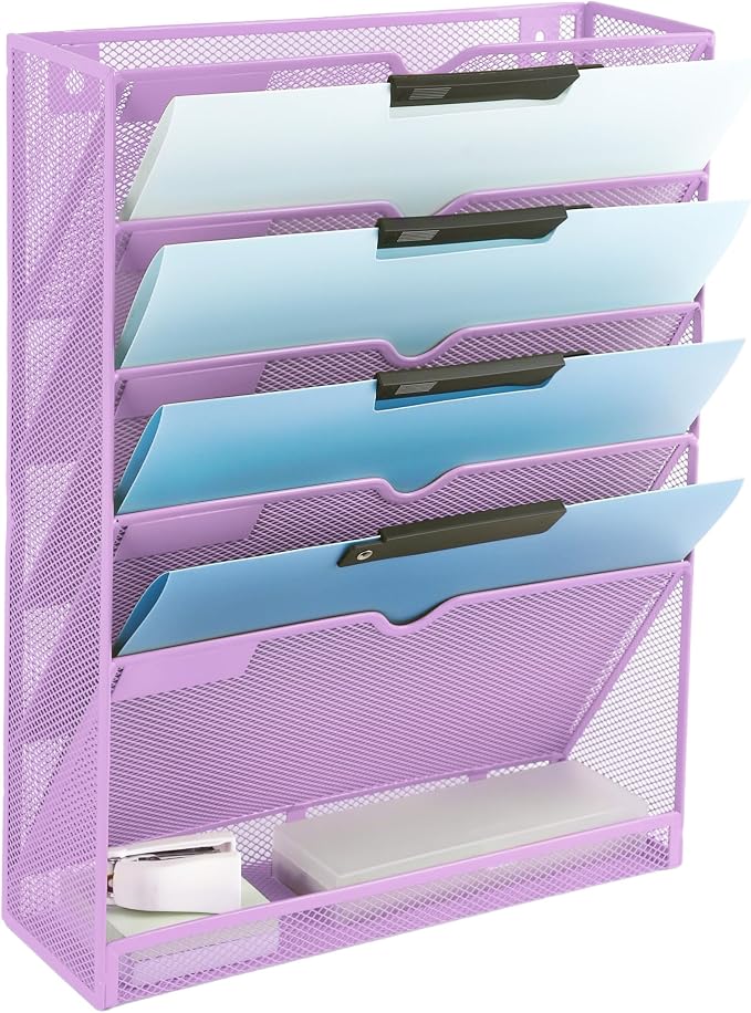6 Tier Mesh Hanging Wall File Organizer, Desk Vertical Mail Paper Document Folder Holder Rack with Bottom Tray and Nametag Label for Office Home School, Light Purple by EASEPRES